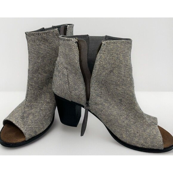 Toms Tweed Fabric Open Toe Booties Size 11 Gold Accent Thread Dark Brown Chunk H - Picture 8 of 16